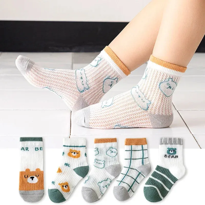 5 Pairs 1 To 12 Years Children's Socks 2024 Spring Summer Baby Boys Girls Cotton Mesh Breathable Thin Soft Cute Socks Kids Socks