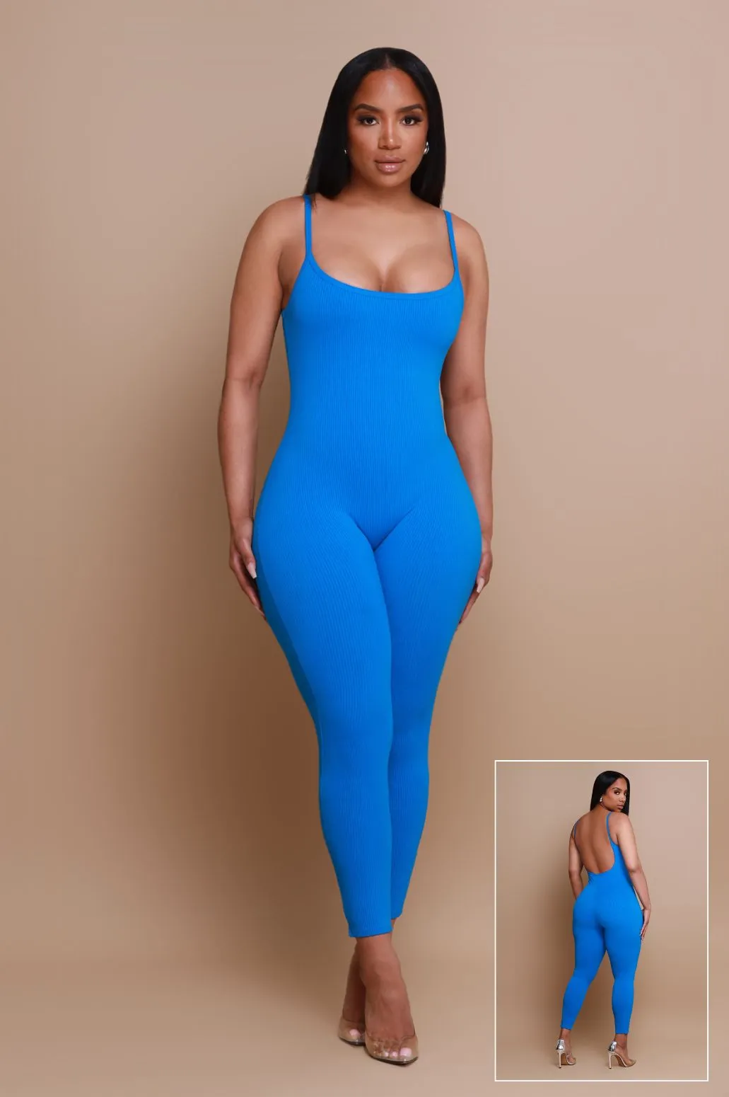 Beat Drop Cellulite Deleter Open Back Jumpsuit - Blue