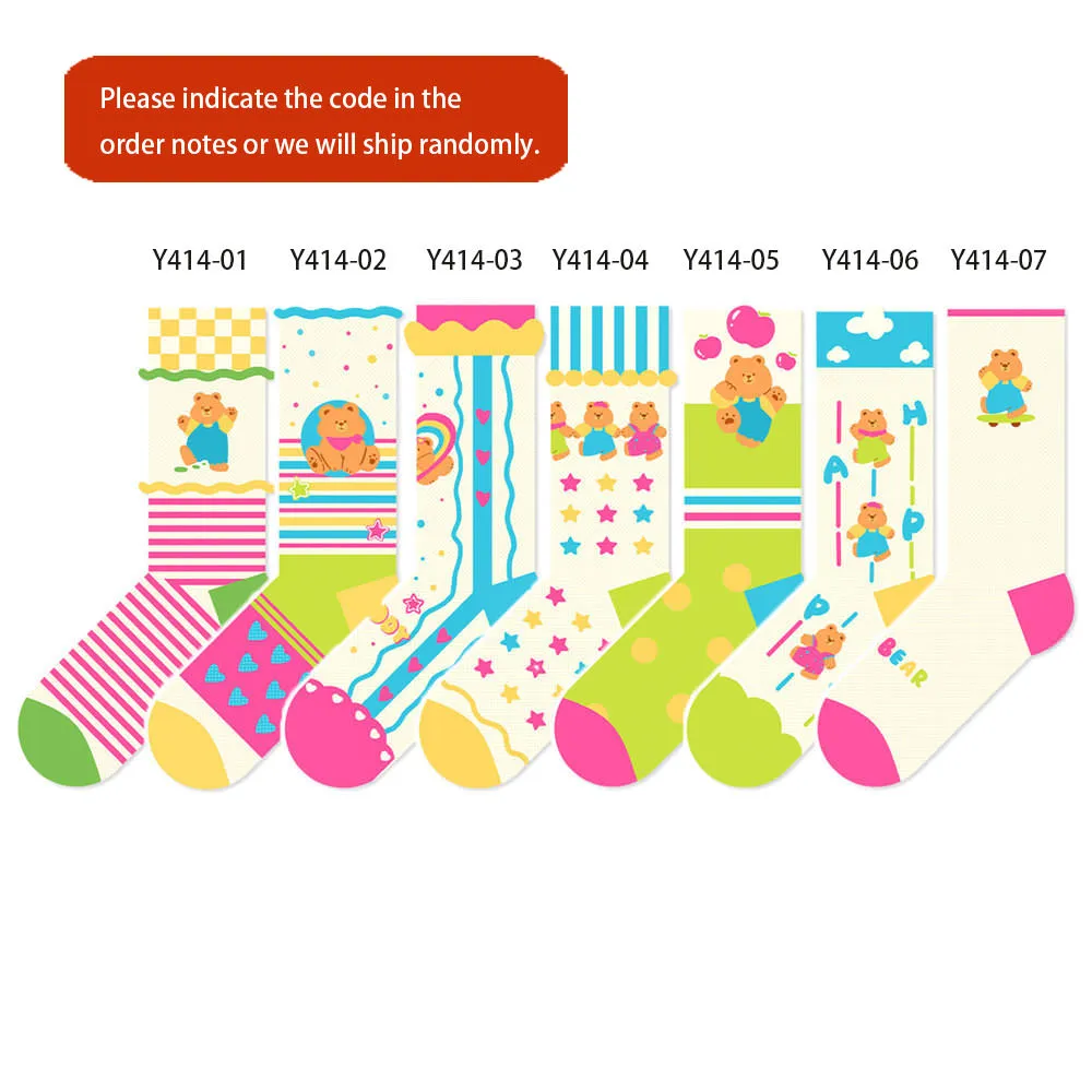 Beligogo 7 Adorable & Comfy Candy-Hued Cartoon Bear Patterned Mid-Calf Socks