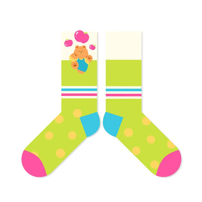 Beligogo 7 Adorable & Comfy Candy-Hued Cartoon Bear Patterned Mid-Calf Socks