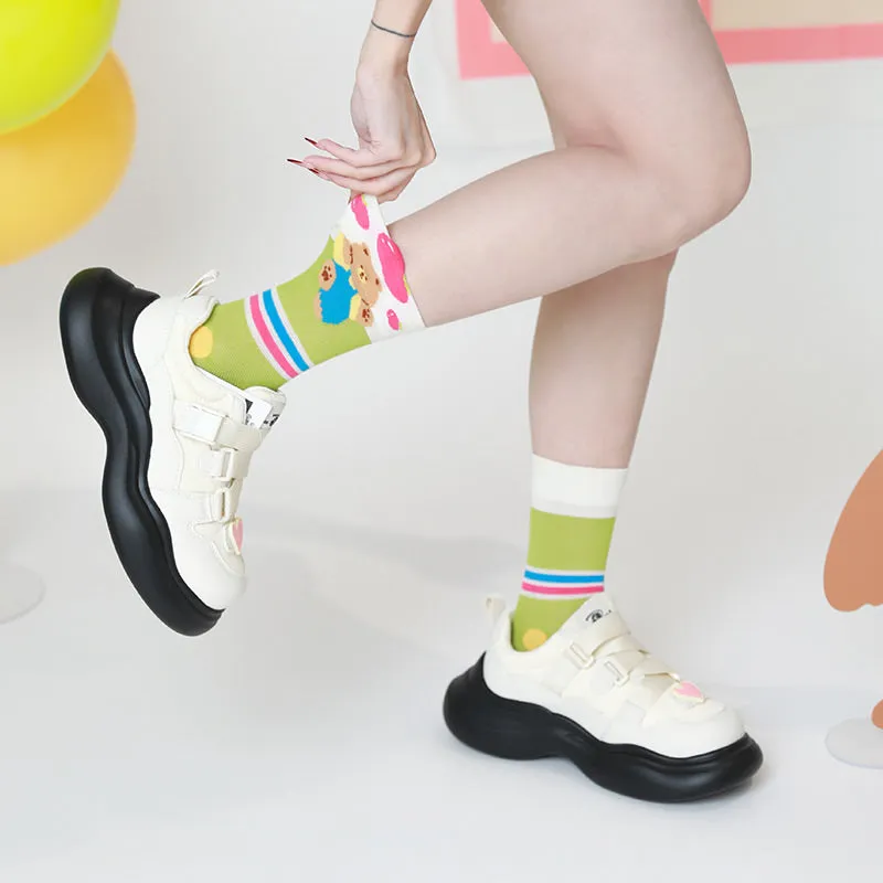 Beligogo 7 Adorable & Comfy Candy-Hued Cartoon Bear Patterned Mid-Calf Socks