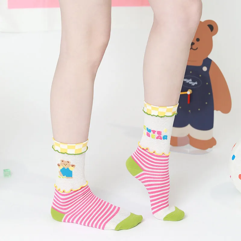 Beligogo 7 Adorable & Comfy Candy-Hued Cartoon Bear Patterned Mid-Calf Socks