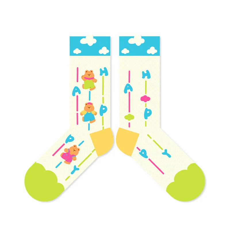 Beligogo 7 Adorable & Comfy Candy-Hued Cartoon Bear Patterned Mid-Calf Socks