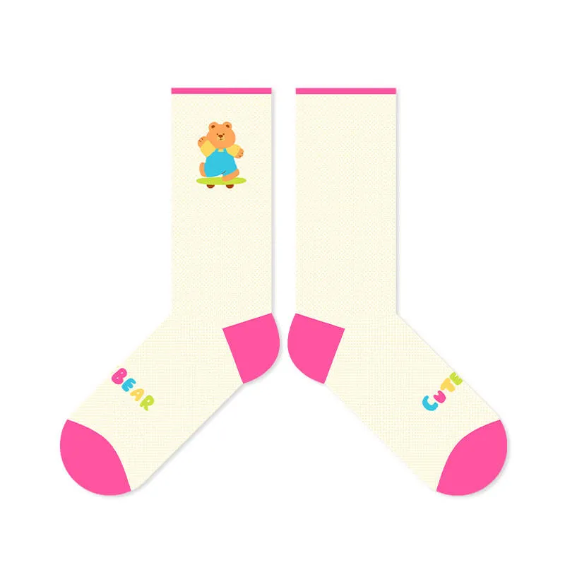 Beligogo 7 Adorable & Comfy Candy-Hued Cartoon Bear Patterned Mid-Calf Socks