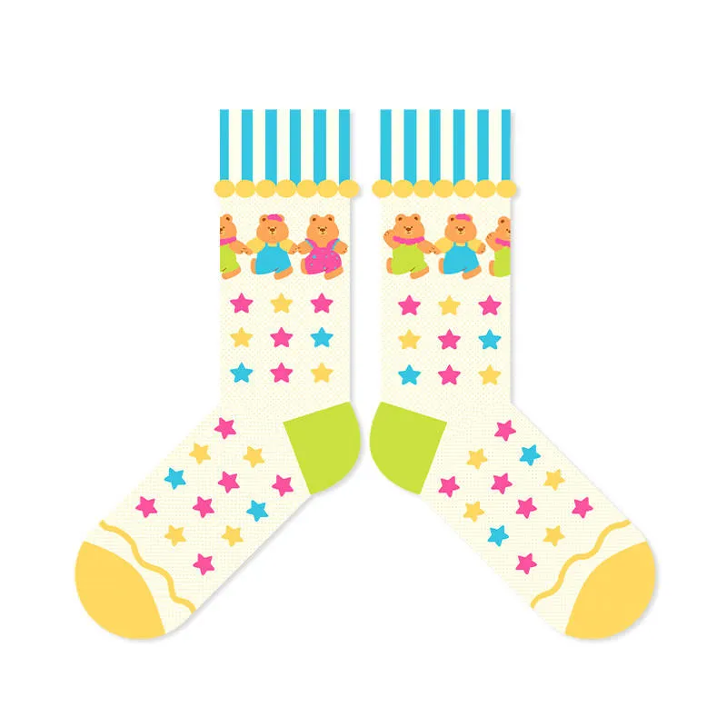 Beligogo 7 Adorable & Comfy Candy-Hued Cartoon Bear Patterned Mid-Calf Socks