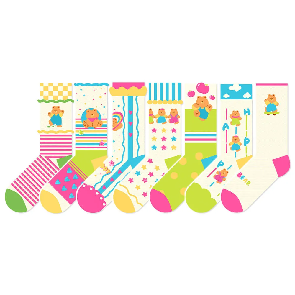 Beligogo 7 Adorable & Comfy Candy-Hued Cartoon Bear Patterned Mid-Calf Socks