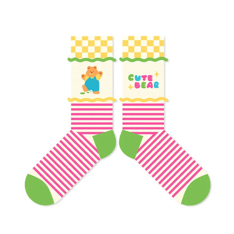 Beligogo 7 Adorable & Comfy Candy-Hued Cartoon Bear Patterned Mid-Calf Socks