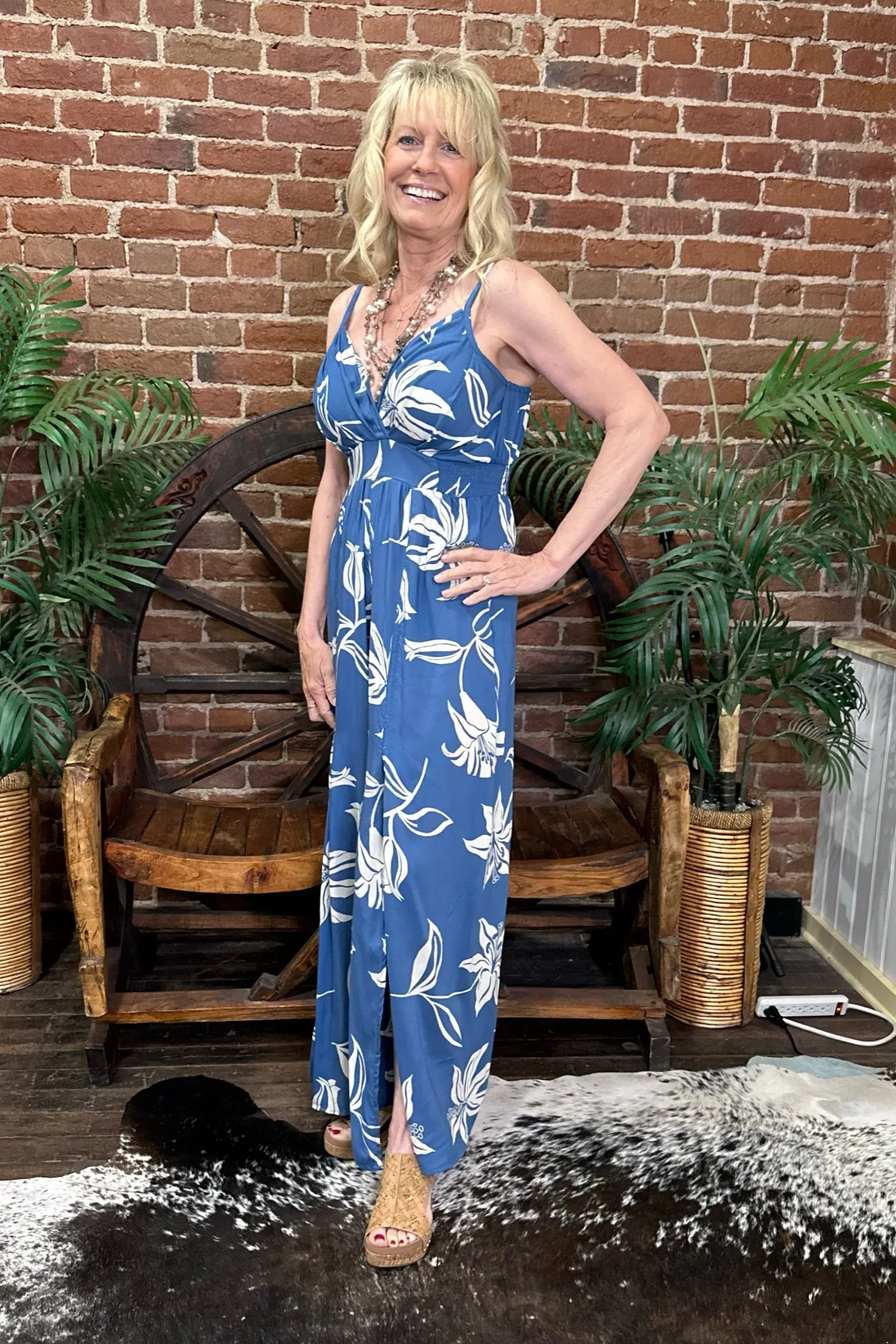 Blue V-Neck Jumpsuit with Slit Leg By Angie