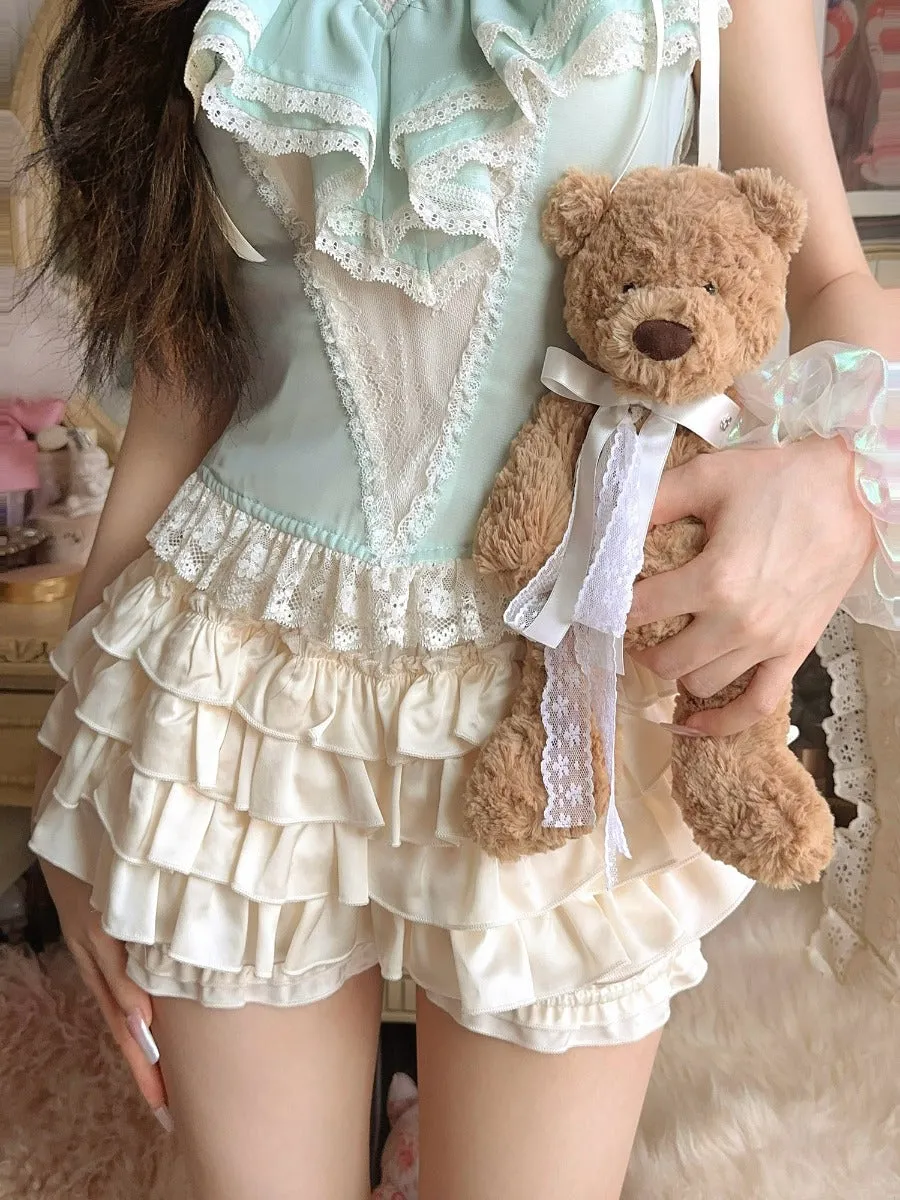 Bobon21 cream doll feel satin lace bubble shorts