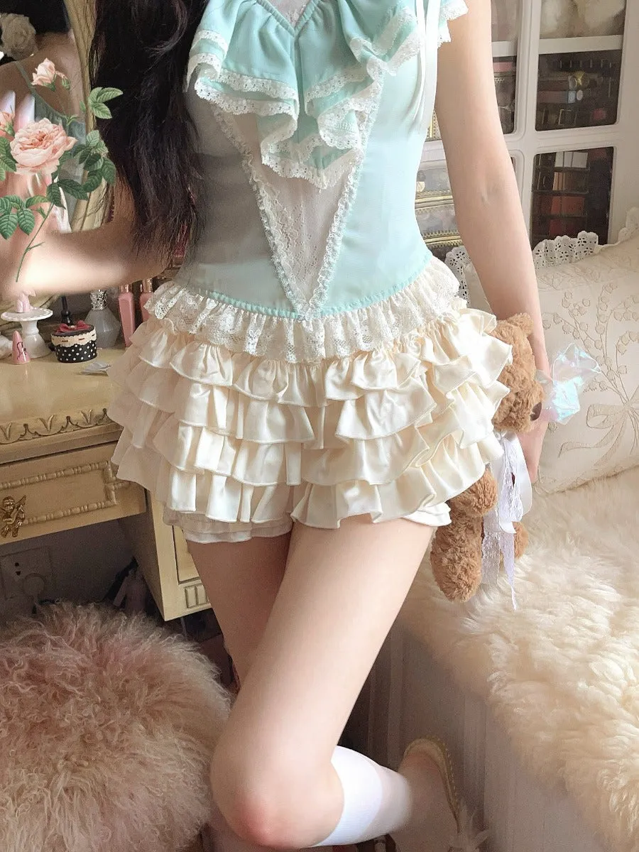 Bobon21 cream doll feel satin lace bubble shorts