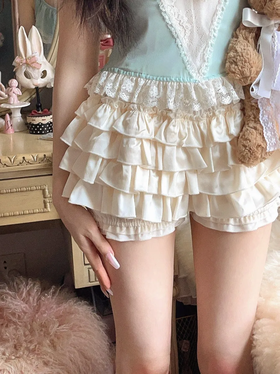 Bobon21 cream doll feel satin lace bubble shorts