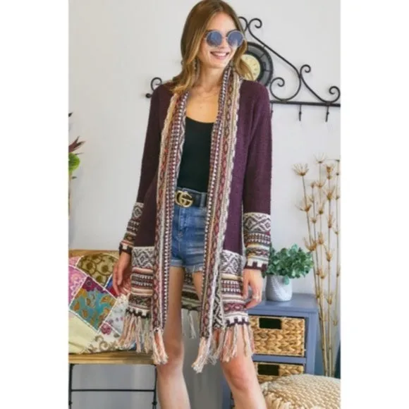 Burgundy Bohemian Tribal Aztec Print Fringe Open Front Cardigan Knit Sweater