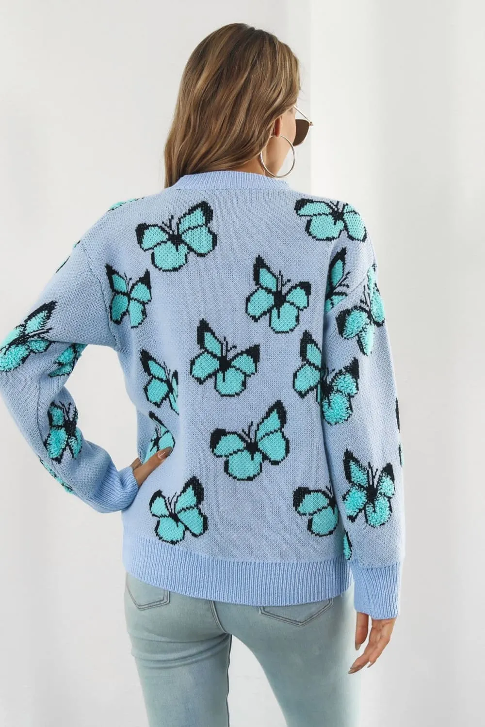 Butterfly Pattern Round Neck Dropped Shoulder Sweater