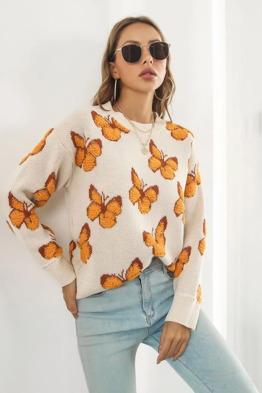 Butterfly Pattern Round Neck Dropped Shoulder Sweater