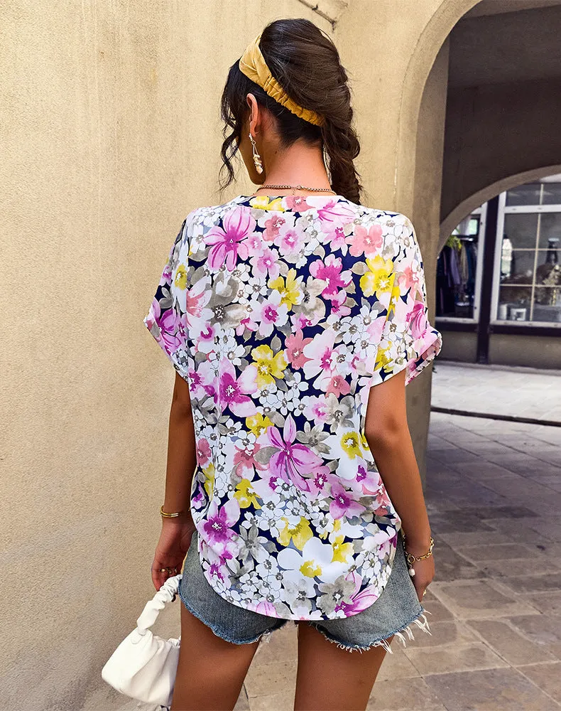 Casual Floral V Neck Tops Single-Breasted Short Sleeve Resort Loose Womens T Shirts Wholesale