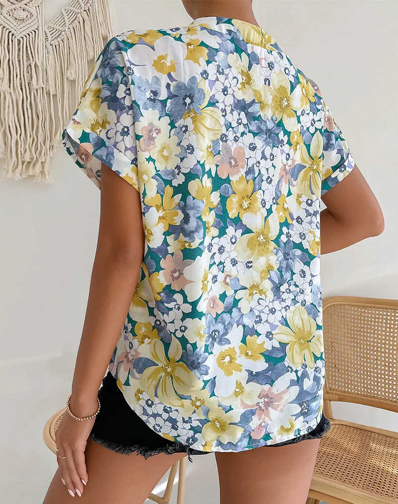 Casual Floral V Neck Tops Single-Breasted Short Sleeve Resort Loose Womens T Shirts Wholesale