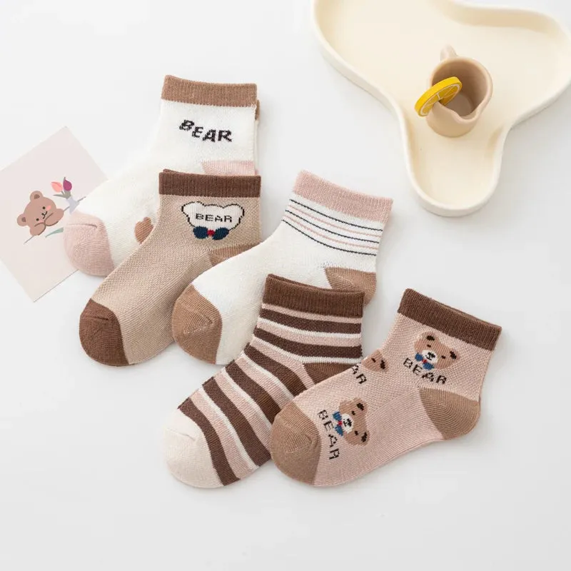 Children's Socks Spring Summer Mesh Thin Boys and Girls Short Socks Kids Cartoon Bear Breathable Socks 5 Pairs