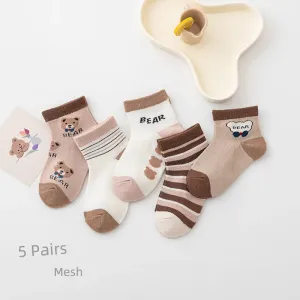 Children's Socks Spring Summer Mesh Thin Boys and Girls Short Socks Kids Cartoon Bear Breathable Socks 5 Pairs