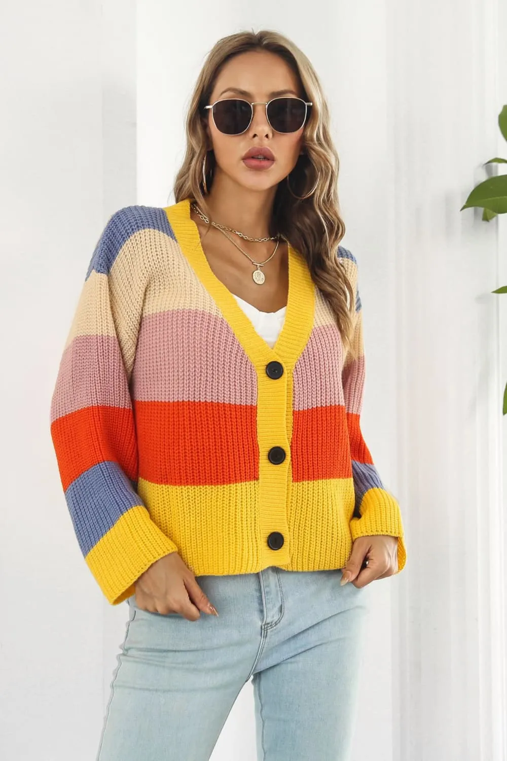 Color Block Button-Down Dropped Shoulder Cardigan