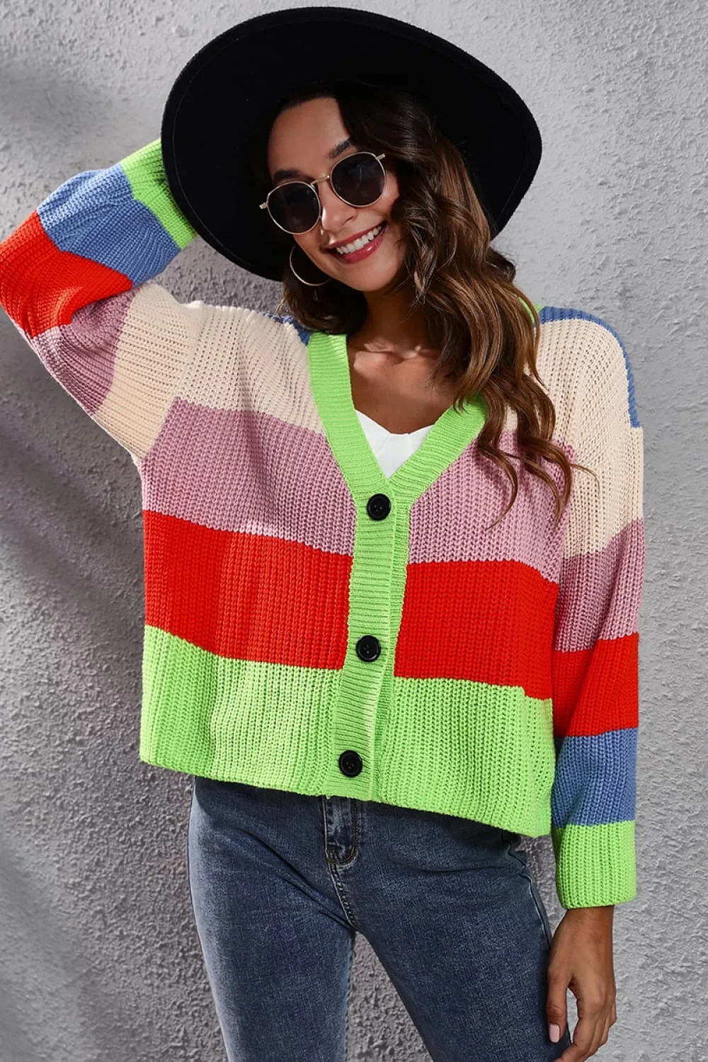 Color Block Button-Down Dropped Shoulder Cardigan