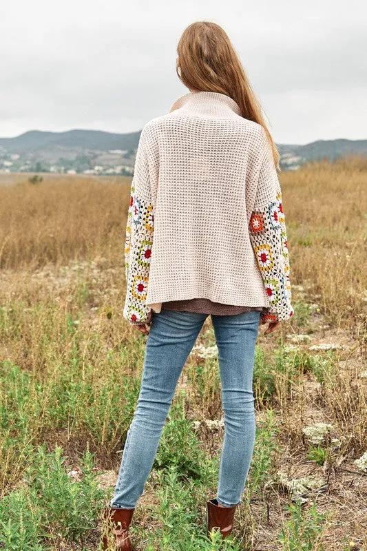 Crochet Floral Printed Long Sleeve Knit Cardigan - FASHIONGO