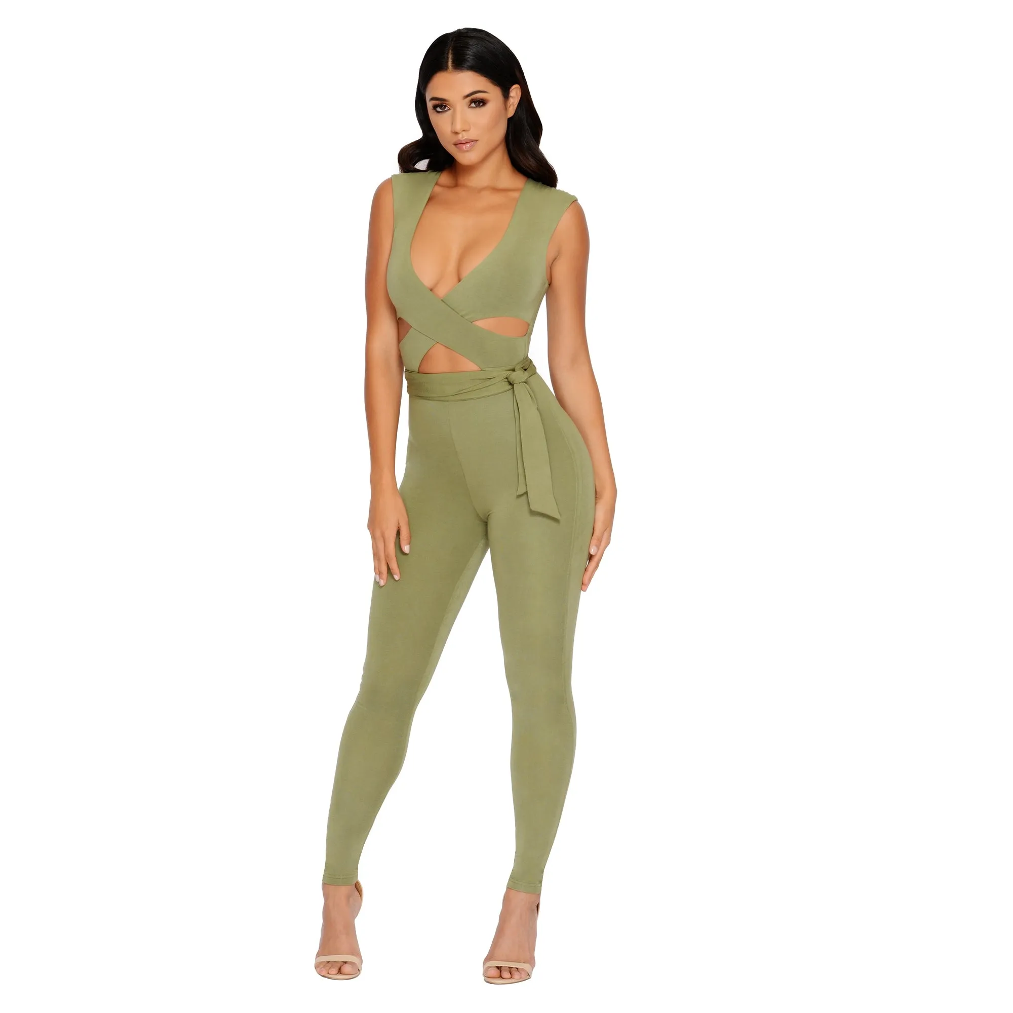 Cross Your Mind Cut Out Double Layered Jumpsuit in Kale