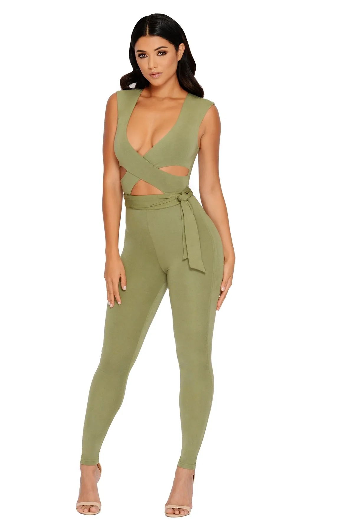 Cross Your Mind Cut Out Double Layered Jumpsuit in Kale