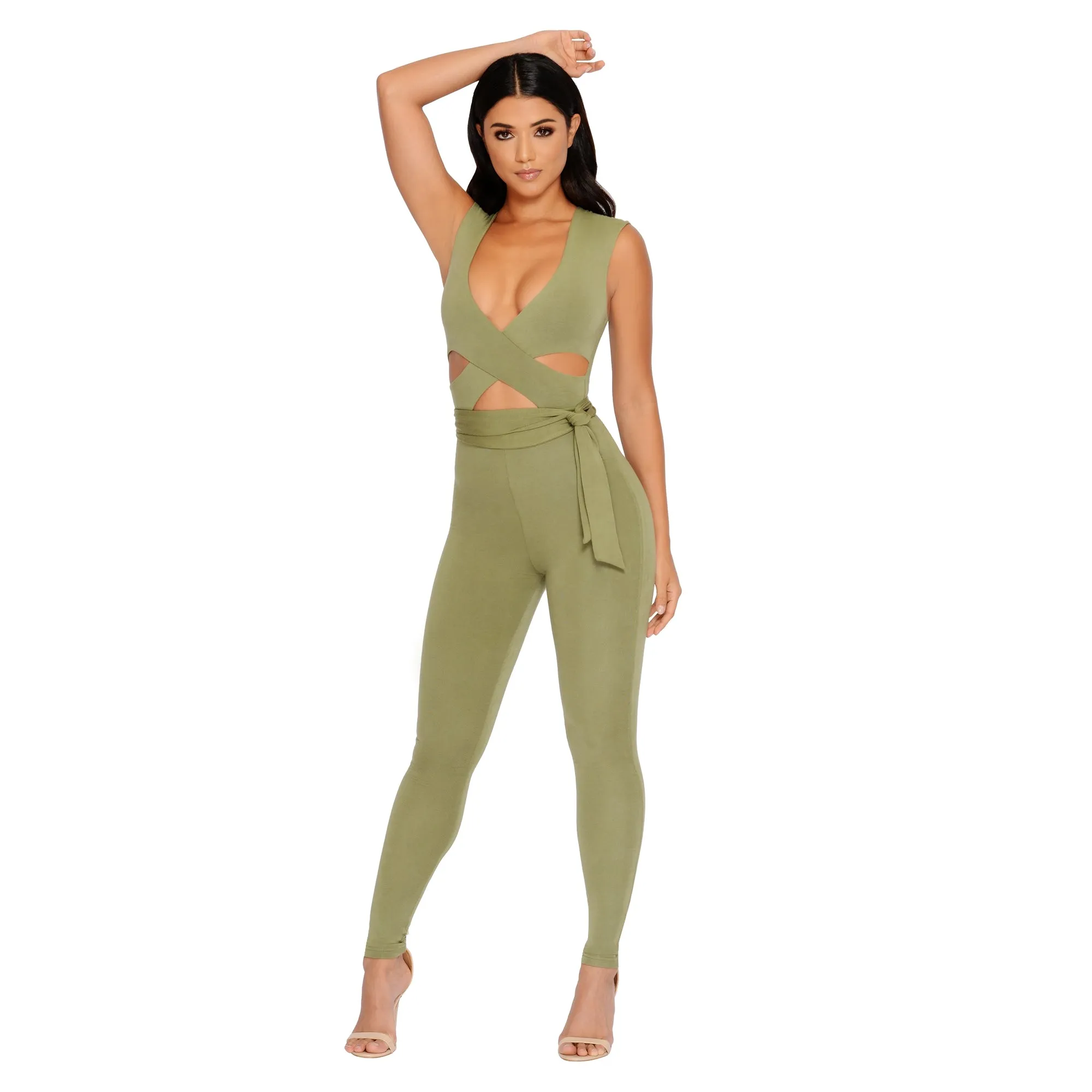 Cross Your Mind Cut Out Double Layered Jumpsuit in Kale