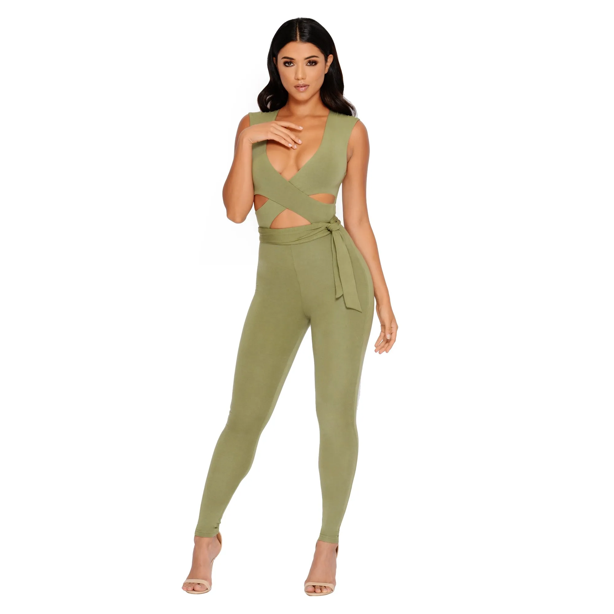 Cross Your Mind Cut Out Double Layered Jumpsuit in Kale