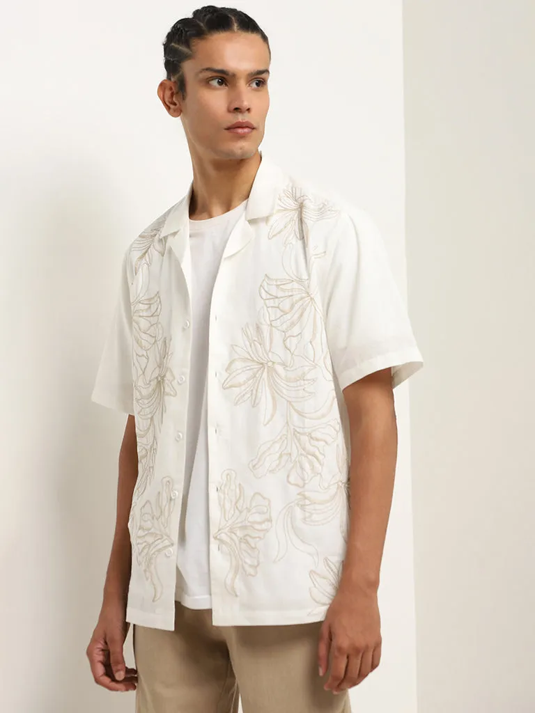 ETA Beige Floral Embroidered Relaxed-Fit Cotton Blend Shirt