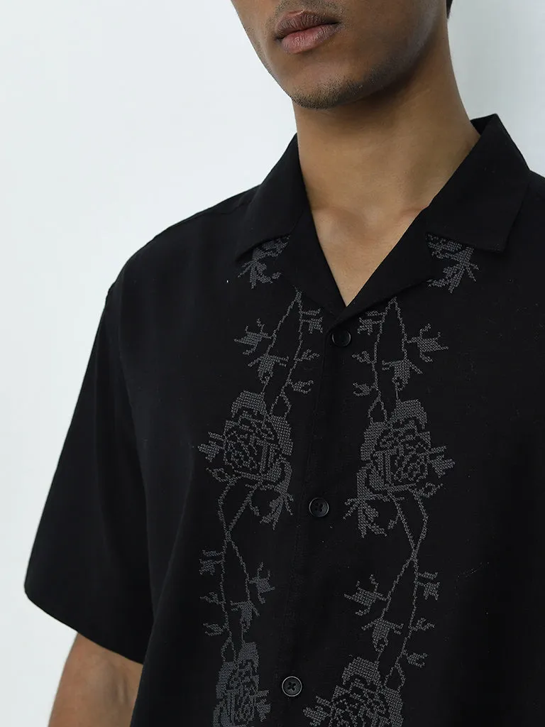 ETA Black Floral Embroidered Relaxed-Fit Cotton Blend Shirt