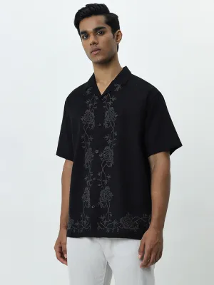 ETA Black Floral Embroidered Relaxed-Fit Cotton Blend Shirt