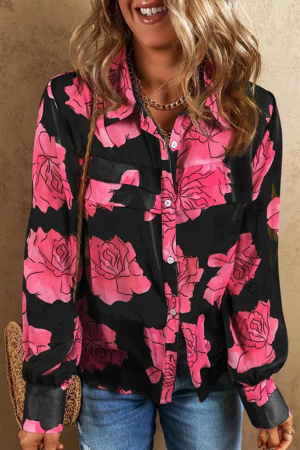 Flower Collared Neck Long Sleeve Shirt