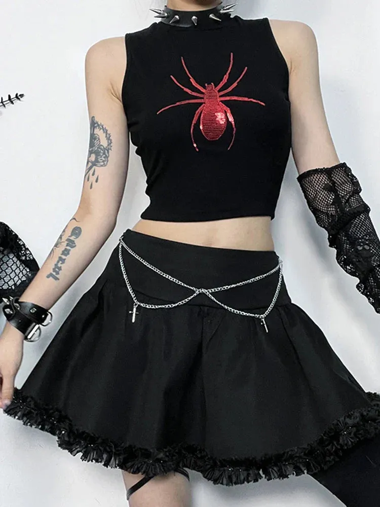 Gothic Print Alt Graphic Punk Crop Sleeveless Spider Top