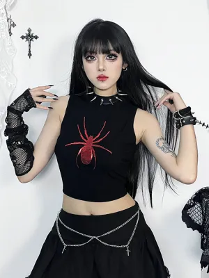 Gothic Print Alt Graphic Punk Crop Sleeveless Spider Top