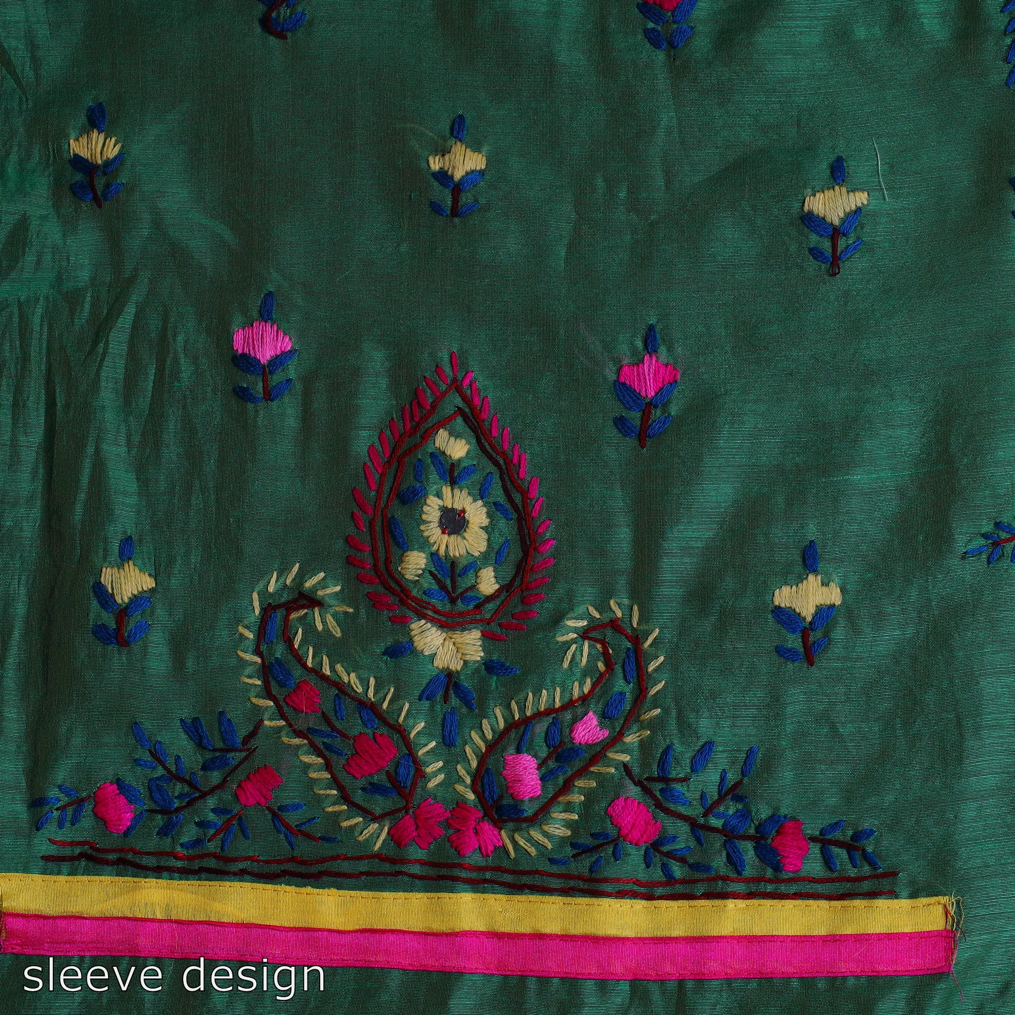 Green - 3pc Hand Embroidery Chanderi Silk Phulkari Dress Material 37