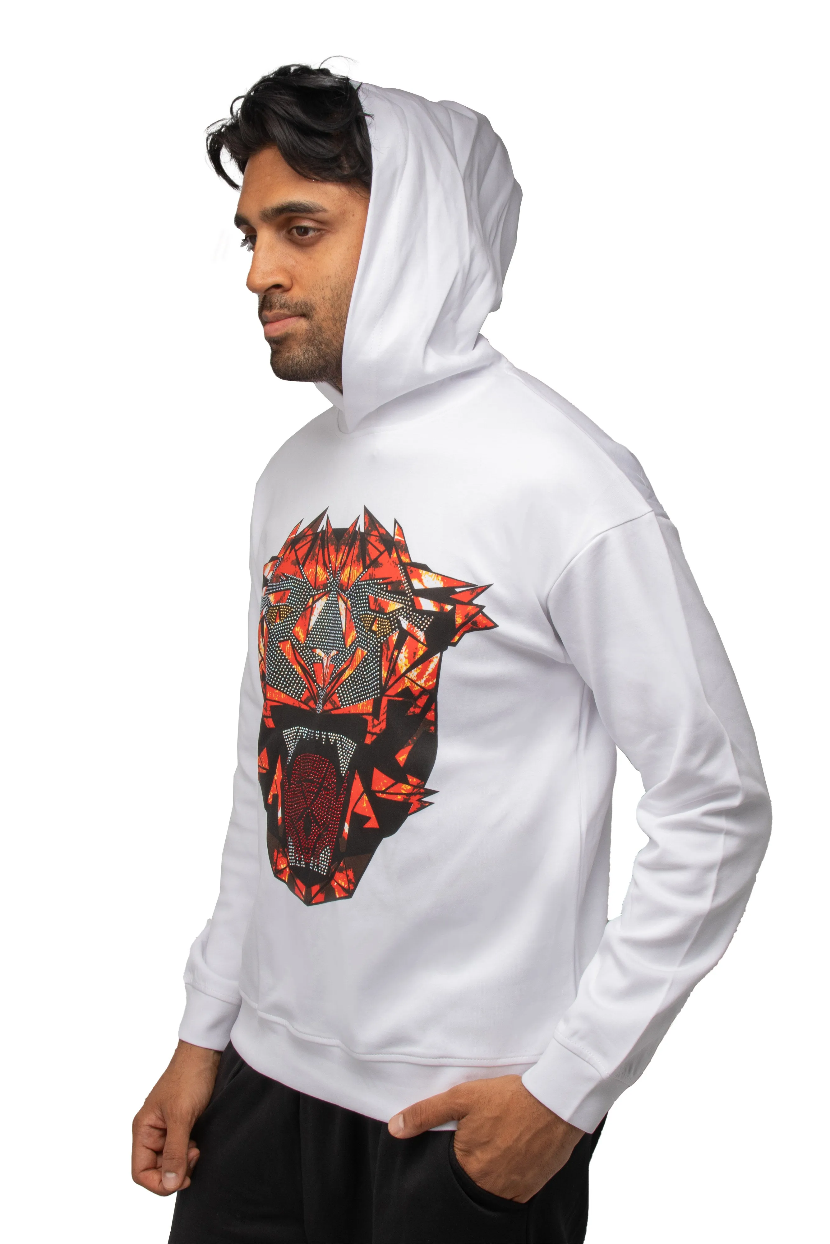 Heads or Tails Men's Pullover Rhinestone Studded Graphic Hoodie Sweatshirt Hooded Roaring Panther Printed Sweater