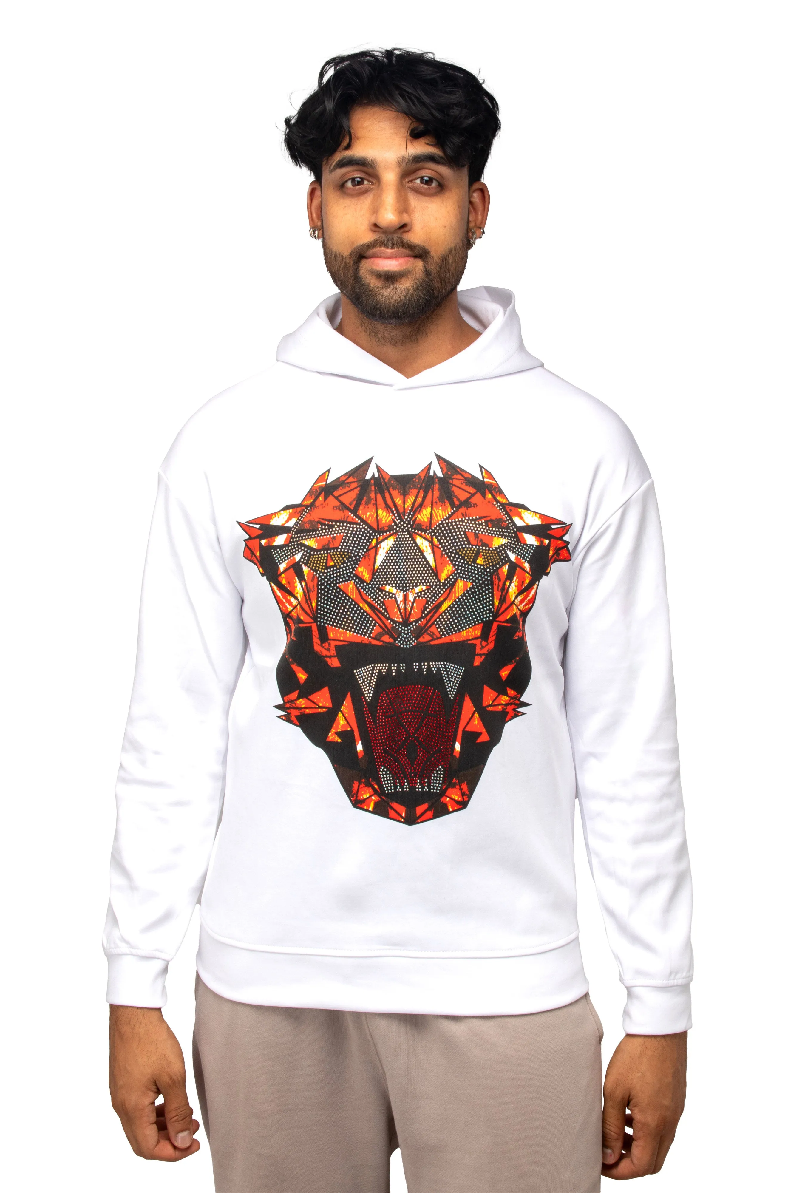 Heads or Tails Men's Pullover Rhinestone Studded Graphic Hoodie Sweatshirt Hooded Roaring Panther Printed Sweater