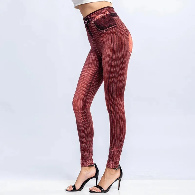 High Waist Faux Jean Leggings Slim Elastic Seamless Plus Size Skinny Pencil Pants Female Pocket Workout Running Leggings