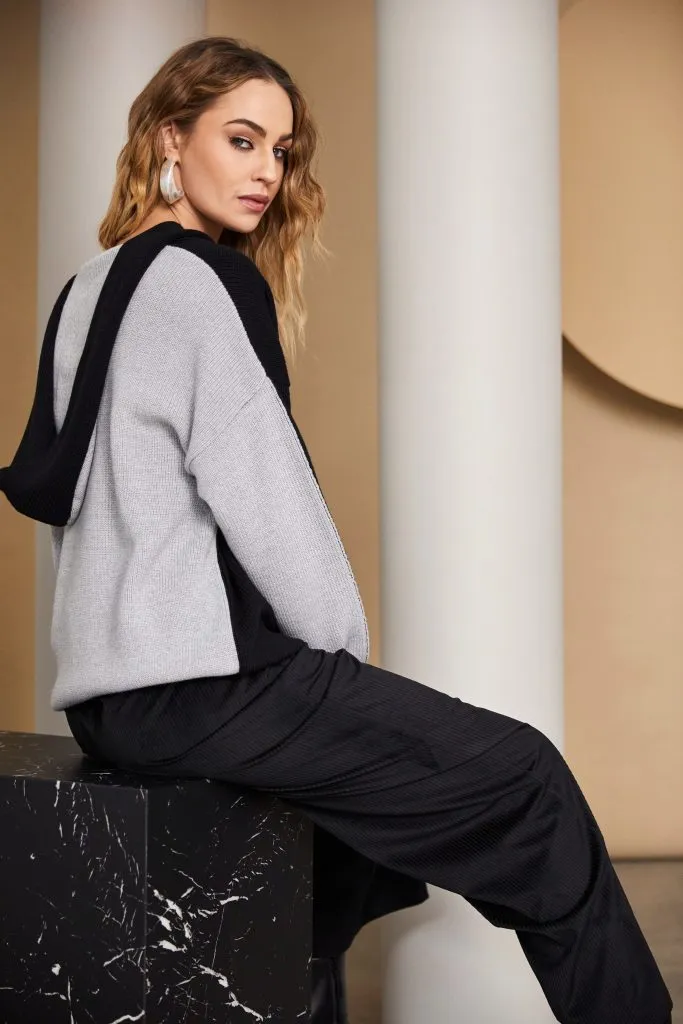 Hooded Knit with Contrast Back in Black/Grey