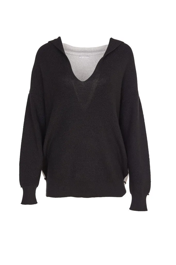 Hooded Knit with Contrast Back in Black/Grey