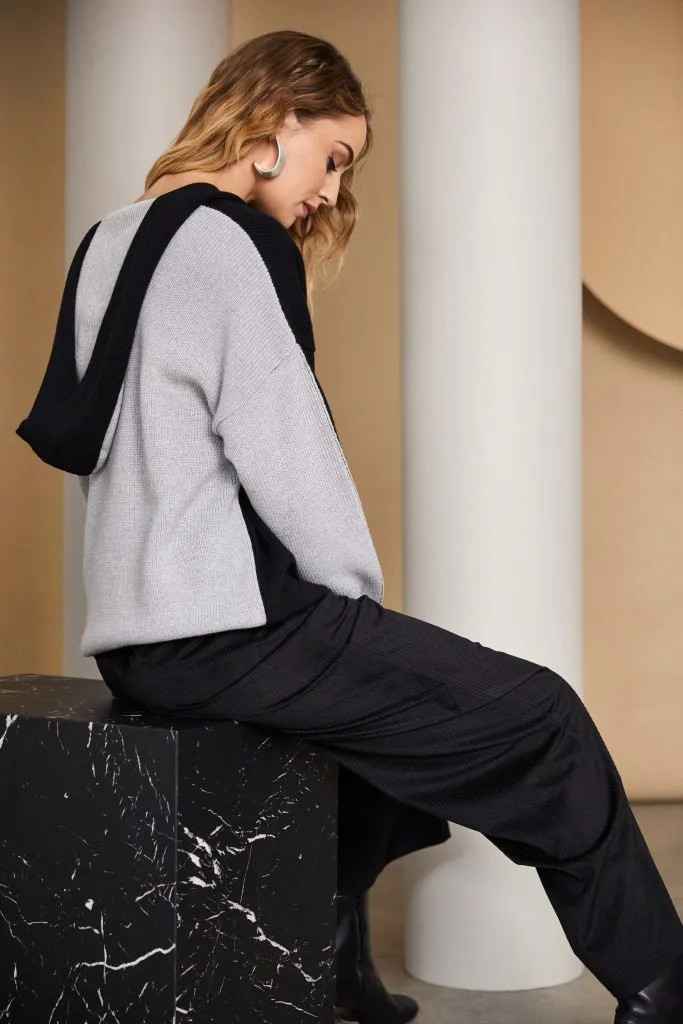 Hooded Knit with Contrast Back in Black/Grey