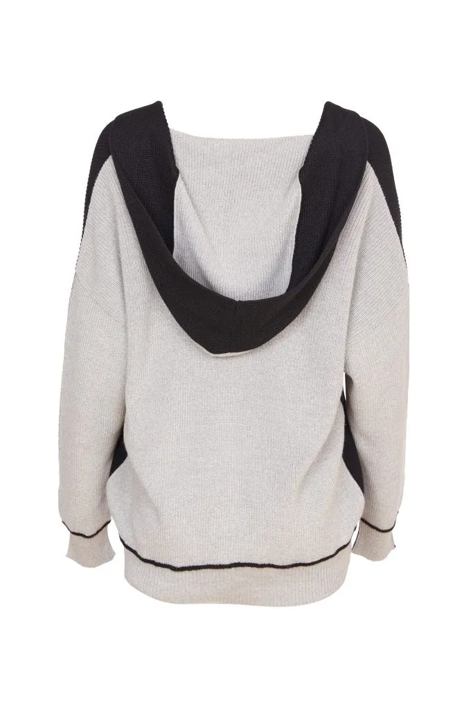 Hooded Knit with Contrast Back in Black/Grey