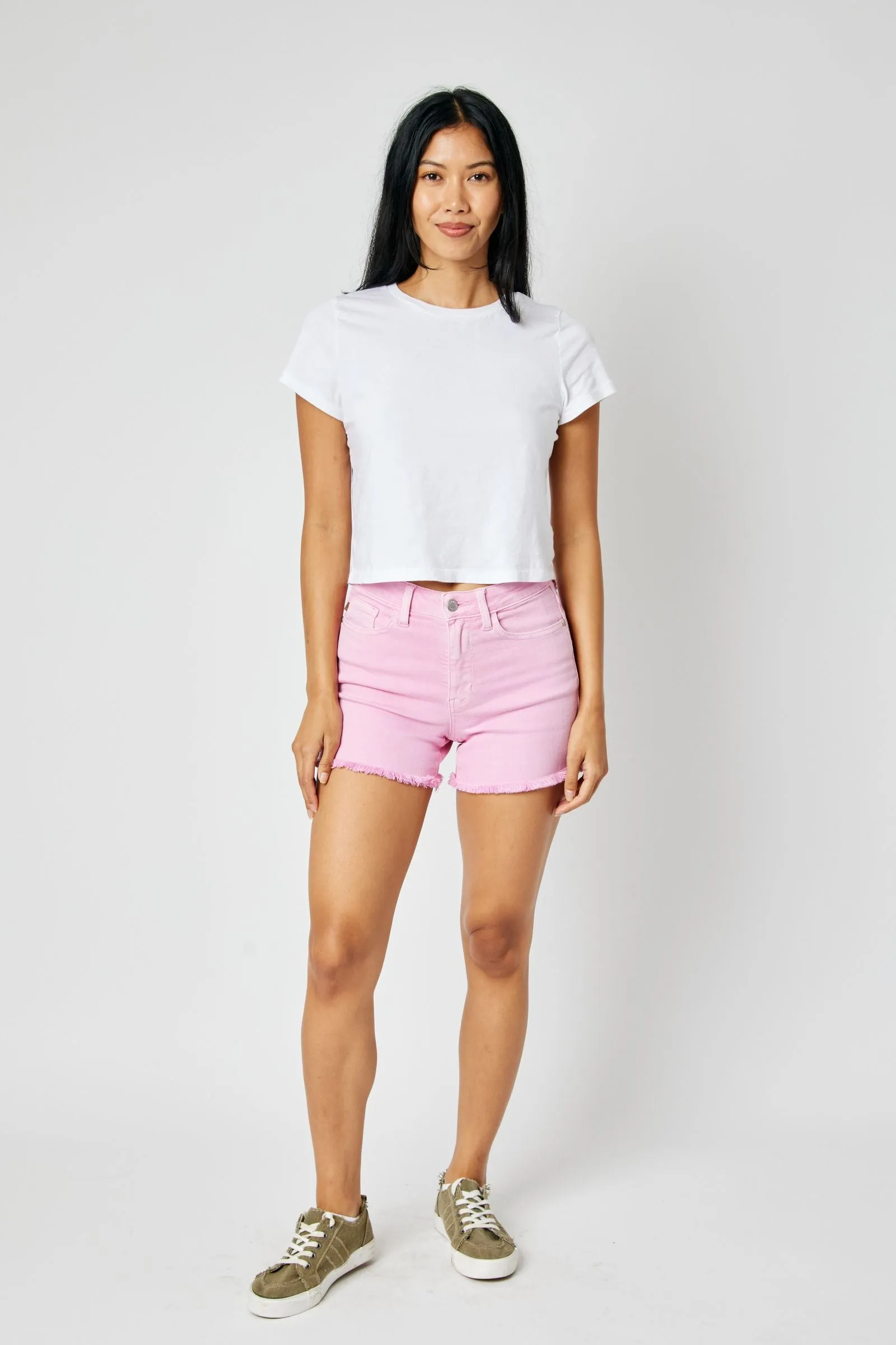 JB (CURVY) LT PINK FRAYED HEM SHORTS