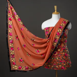 Orange - 3pc Hand Embroidery Georgette Phulkari Dress Material 59