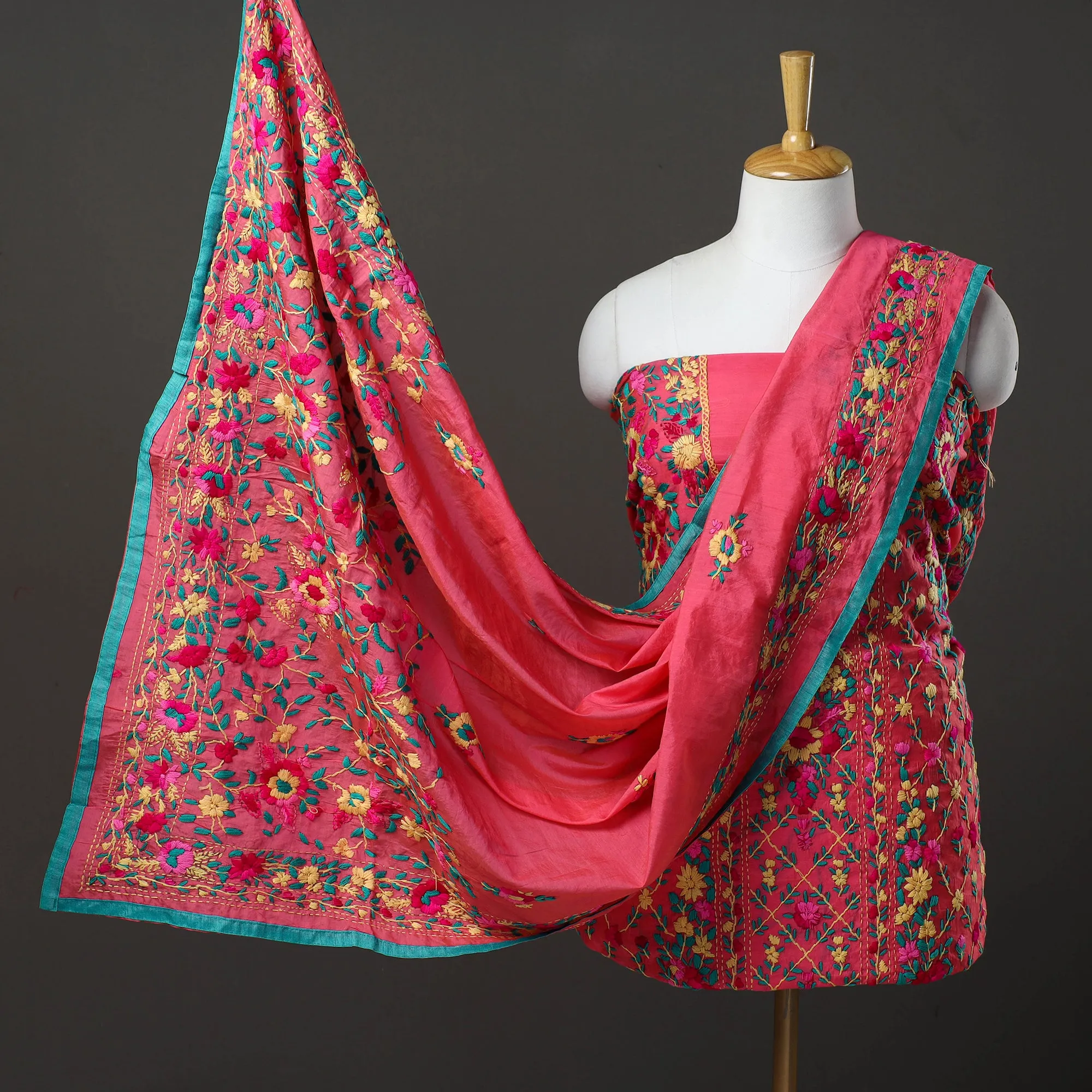 Pink - 3pc Hand Embroidery Chanderi Silk Phulkari Dress Material 84