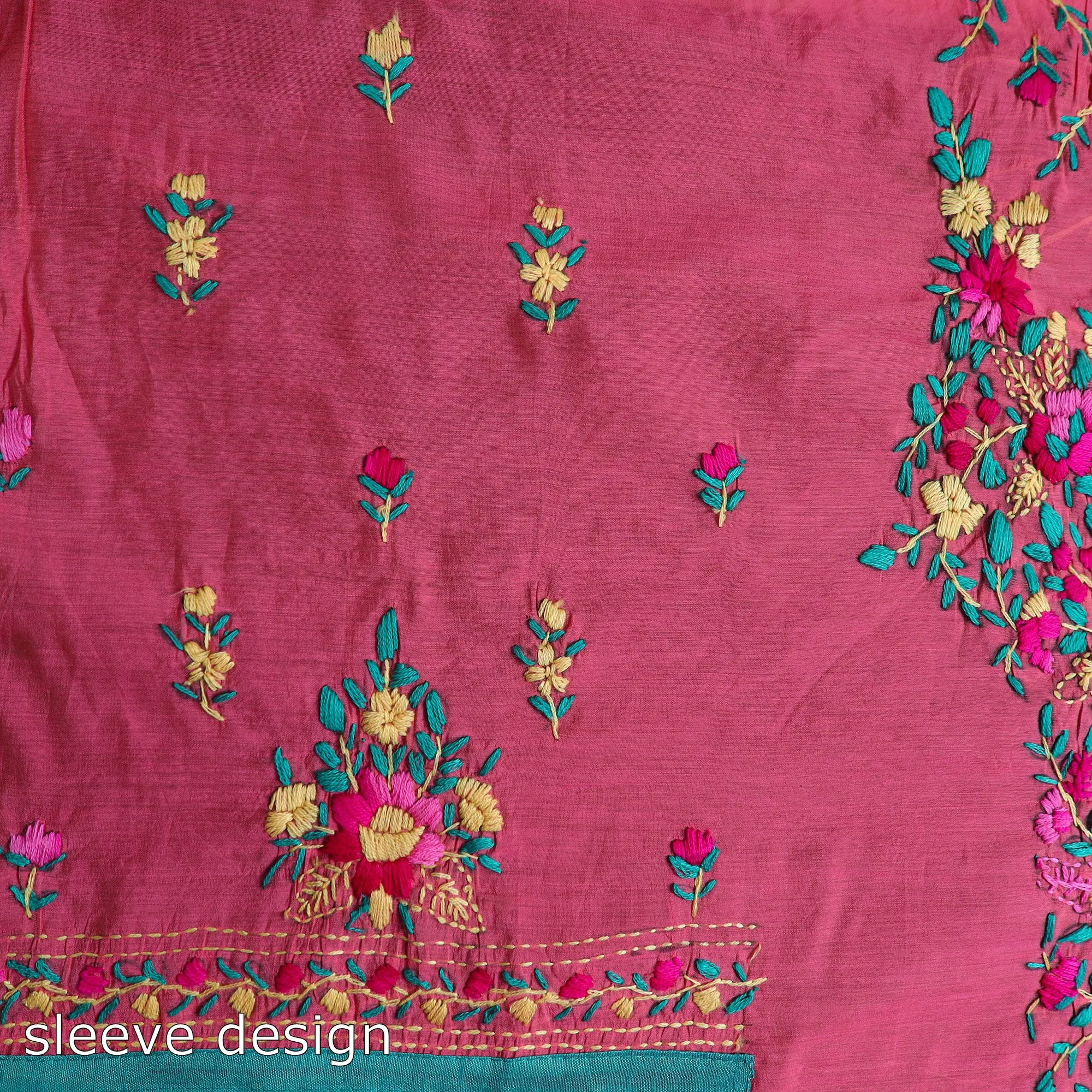 Pink - 3pc Hand Embroidery Chanderi Silk Phulkari Dress Material 84