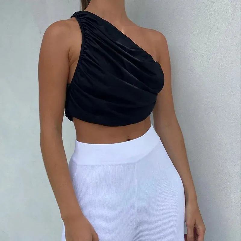 Ruched One Shoulder Sleeveless Crop Top