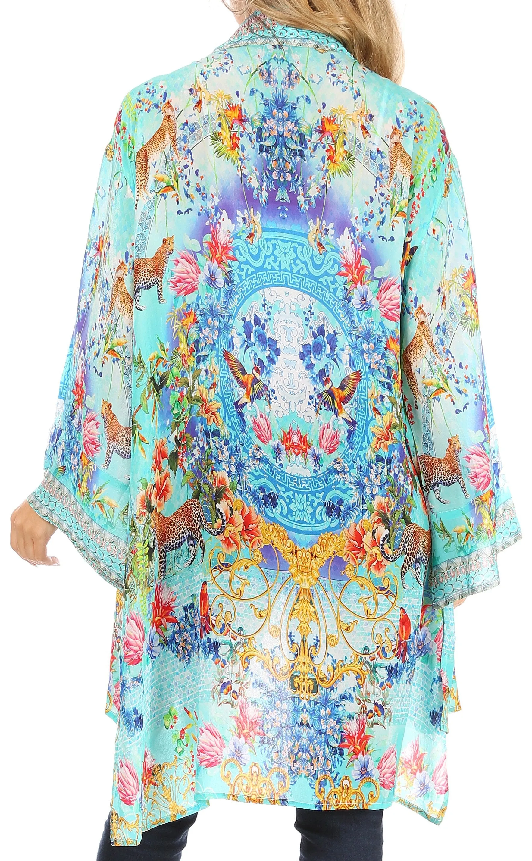 Sakkas Aremi Women Floral Printed Open Front Cardigan Top Boho Casual Short Sleeve