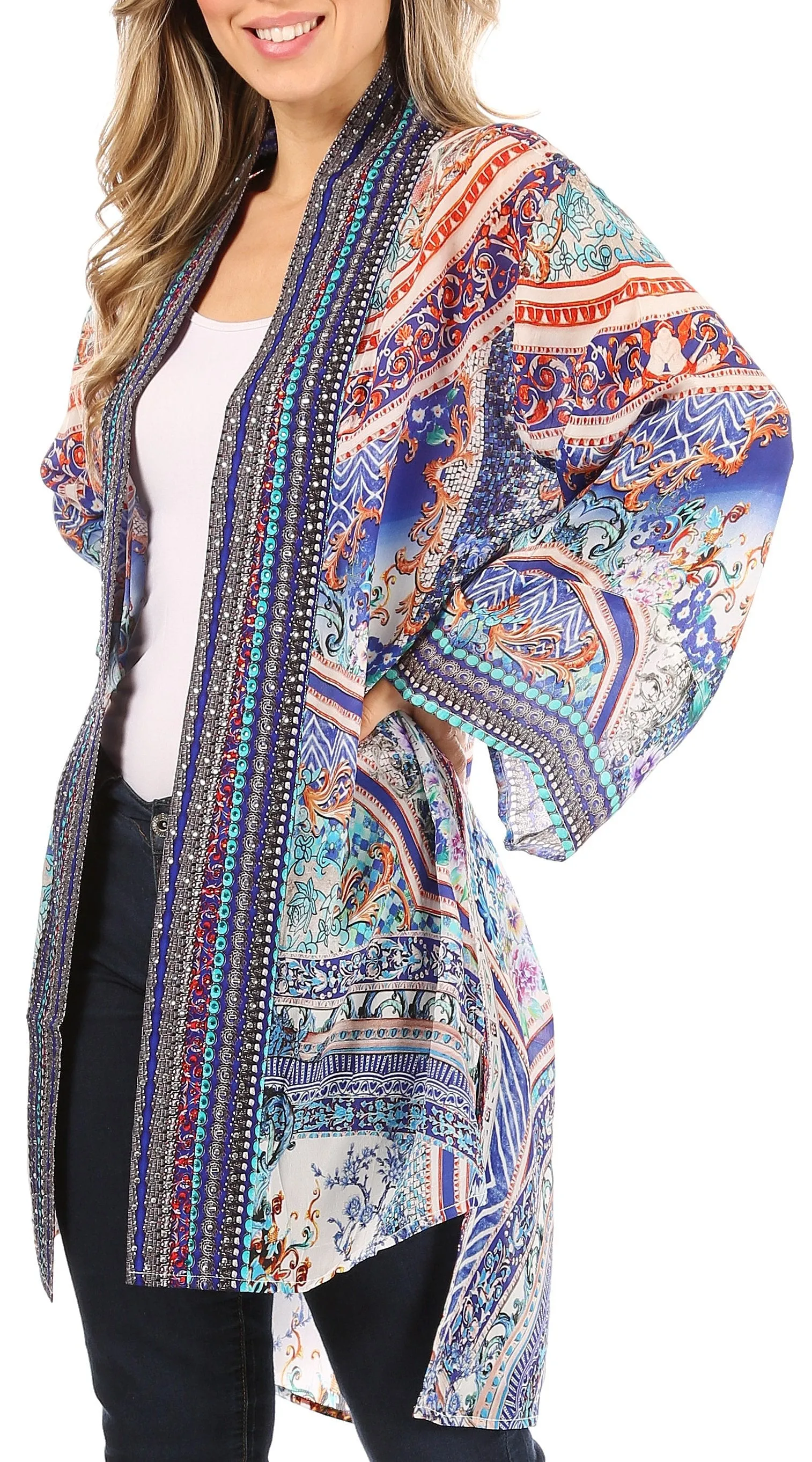 Sakkas Aremi Women Floral Printed Open Front Cardigan Top Boho Casual Short Sleeve